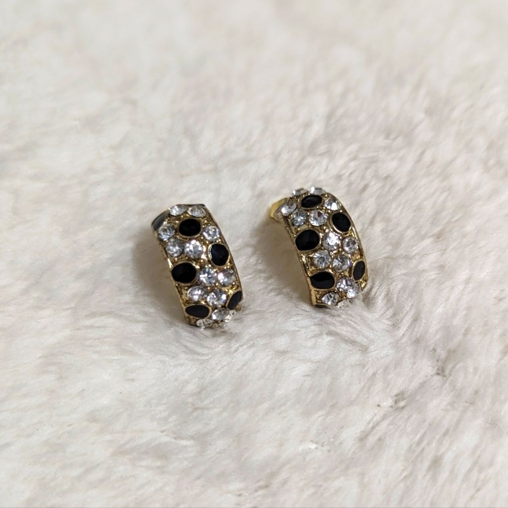 Vintage Small Half Hoop Black Enamel and Clear Rhinestone Pierced Earrings - Picture 7 of 10